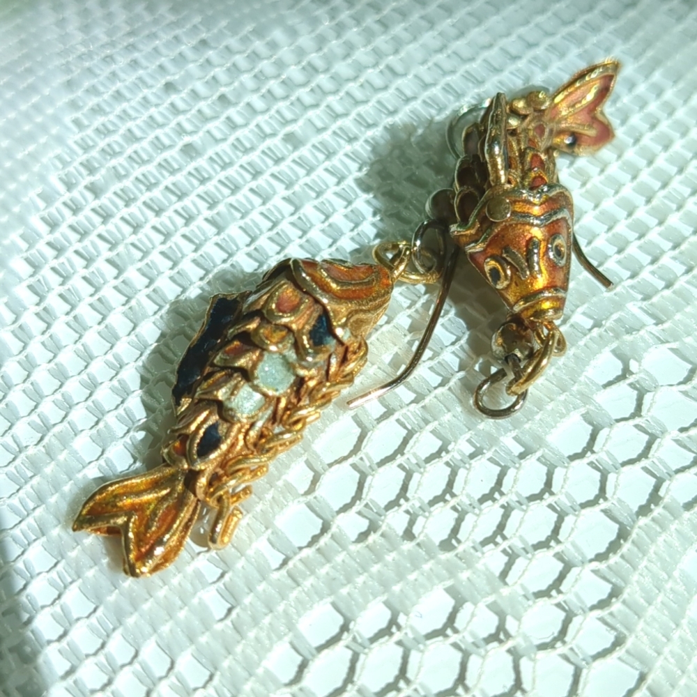 Vintage Cloisonné Enamel Articulated Koi Fish Dangle Earrings